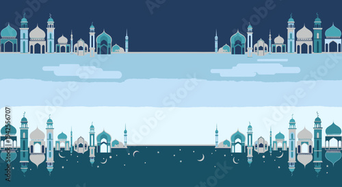 Illustration of fantasy city skyline at dusk.