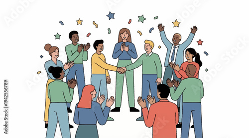 Diverse group of people celebrating together with confetti and stars.