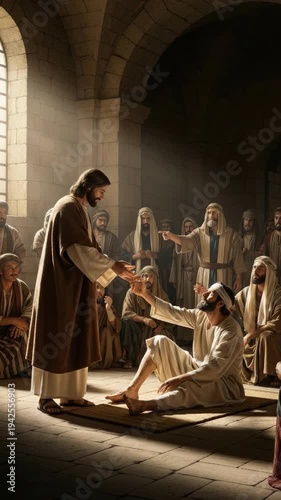 Jesus Christ blesses a paralytic man in a room full of followers, showing a miracle of healing and faith within biblical scripture, religion, and theological teachings.