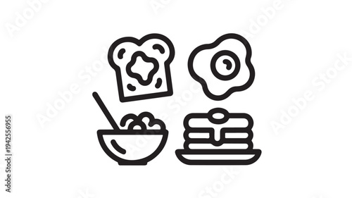 Breakfast Food Icons in Simple Line Art Style with Black Outline on White Background for Menu Design