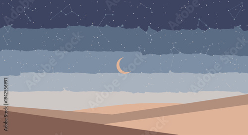 a serene desert landscape at night.