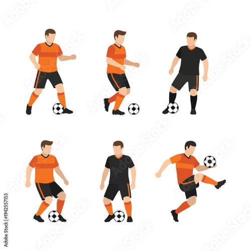 Soccer player silhouette action training kick orange black flat design vector illustration