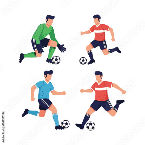 Soccer players kicking ball flat vector illustration isolated on white background