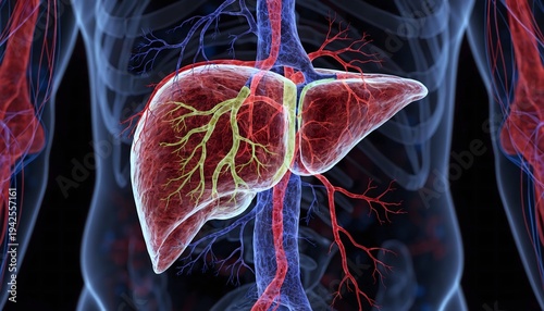 Vibrant 3D medical illustration of a human liver featuring glowing hepatic vessels and bile ducts within a translucent torso. Dark futuristic background with bokeh.