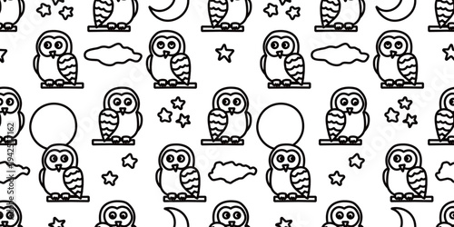 フクロウと夜空の可愛い線画パターン