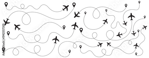 Airplane line path icon set.  Airplane routes vector set.  Plane flight path vector set. Aircraft tracking, planes, travel, map pins, location pins on Transparent Background. Outline flying planes 