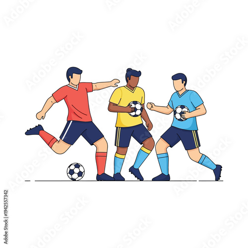 Three soccer players competing for ball in dynamic flat style illustration on white background