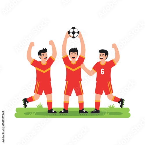 Three soccer players celebrating goal with ball in red uniforms on green field