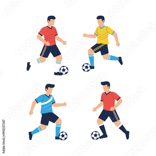 Soccer players in action flat design illustration, dynamic football game, sports competition vector art, colorful athletic movement