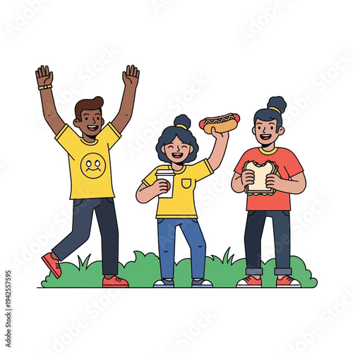 Diverse friends celebrating victory with hot dogs in park outdoor summer party
