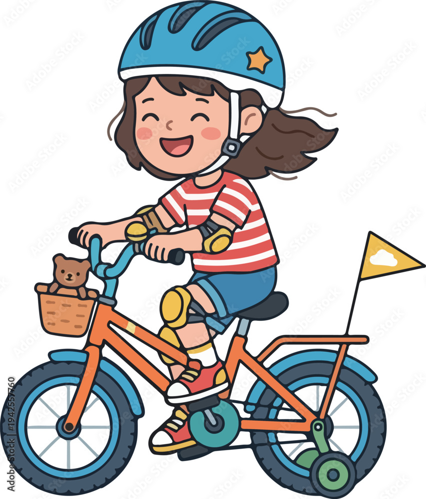 Fototapeta premium Child riding bicycle wearing safety gear cartoon safety education illustration