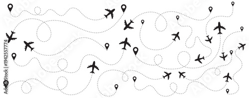 Airplane line path icon set. Airplane routes vector set. Plane flight path vector set. Airplane with dotted line route.  Minimal navigation and message delivery concept for communication and journey 
