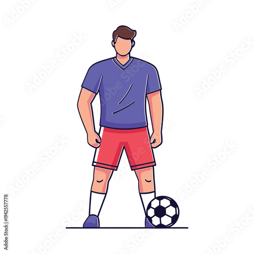 Injured soccer player with crutches standing next to ball on field in blue jersey and red shorts