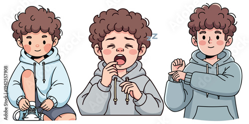 Cute illustration of a boy in casual hoodie doing various daily activities
