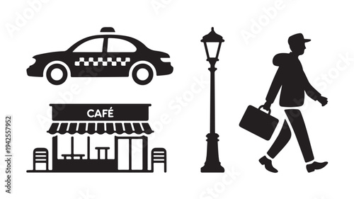 Businessman walking with briefcase in urban cityscape with taxi and cafe in silhouette style for city life illustration