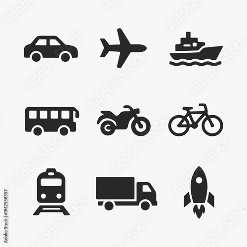 A set of transport vehicles icons focuses on simplicity, elegance, and ease of recognition. Vector Sign for Logos, Labels, and Icons.