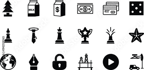 Set of eighteen minimalist black and white vector icons featuring finance, gaming, business, nature, industry, and global communication web symbols.
