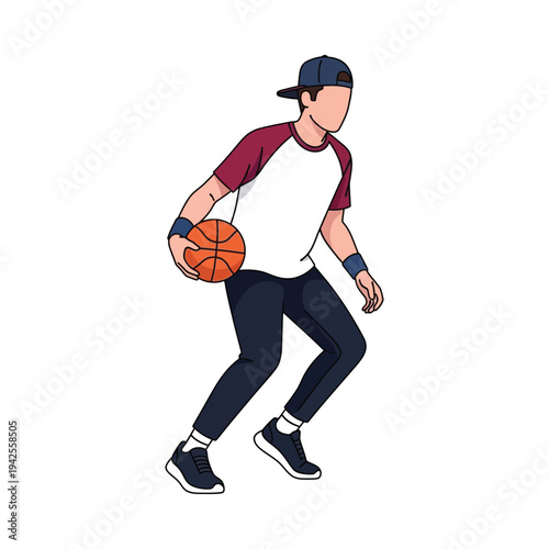 Young basketball player dribbling ball on court in dynamic motion sports action