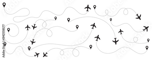 Airplane line path icon set.  Airplane routes vector set.  Plane flight path vector set. Aircraft tracking, planes, travel, map pins, location pins on Transparent Background. Outline flying planes 