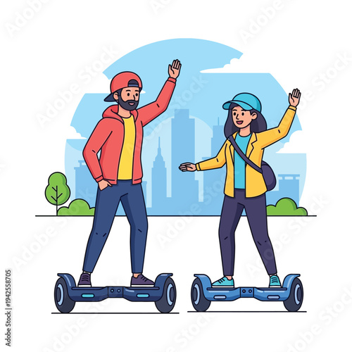 Couple riding hoverboards outdoors happy adventure urban lifestyle fun technology