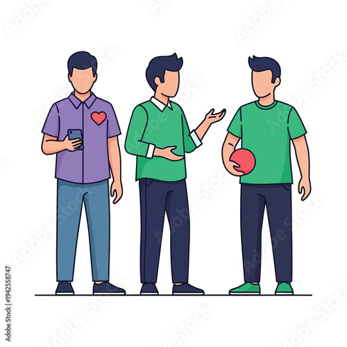 Three young men talking and holding smartphone and rugby ball outdoors in casual wear