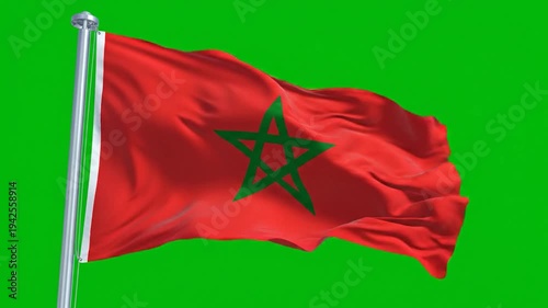 A red flag with a green star emblem waves on a flagpole against a green