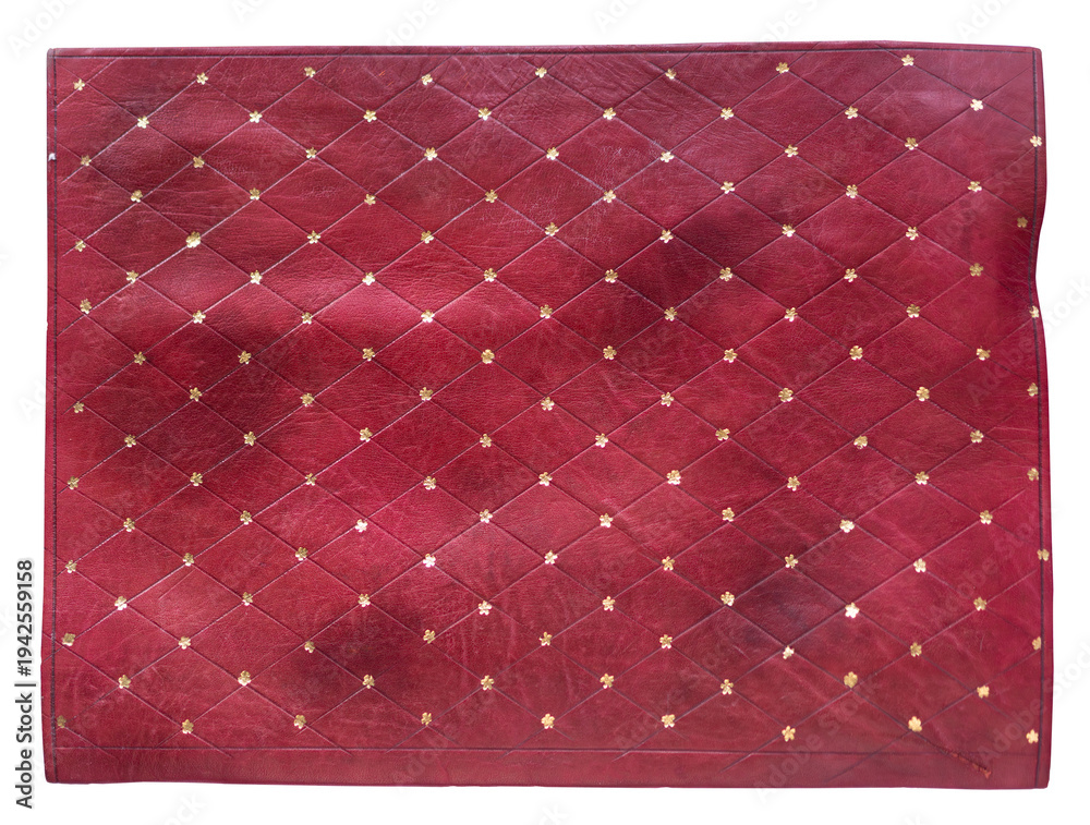 Obraz premium Wallpaper background of red quilted leather texture with golden pattern and decorative studs top view