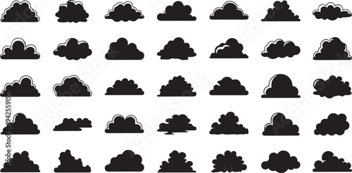 A diverse collection of various cloud types and formations in black and white isolated on transparent background, Vector