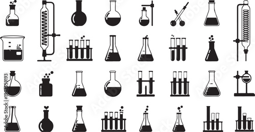 A comprehensive collection of laboratory equipment and apparatus isolated on transparent background, Vector