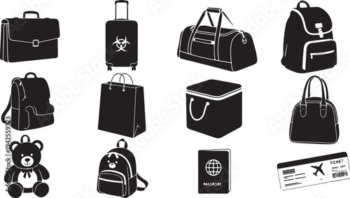 Assorted travel bags and accessories in black and white illustration isolated on transparent background, Vector