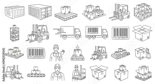 Logistics and transportation icons featuring boxes forklifts and workers silhouette