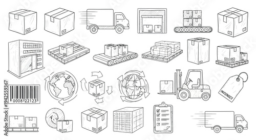 Hand drawn logistics icons including boxes trucks and a world map silhouette