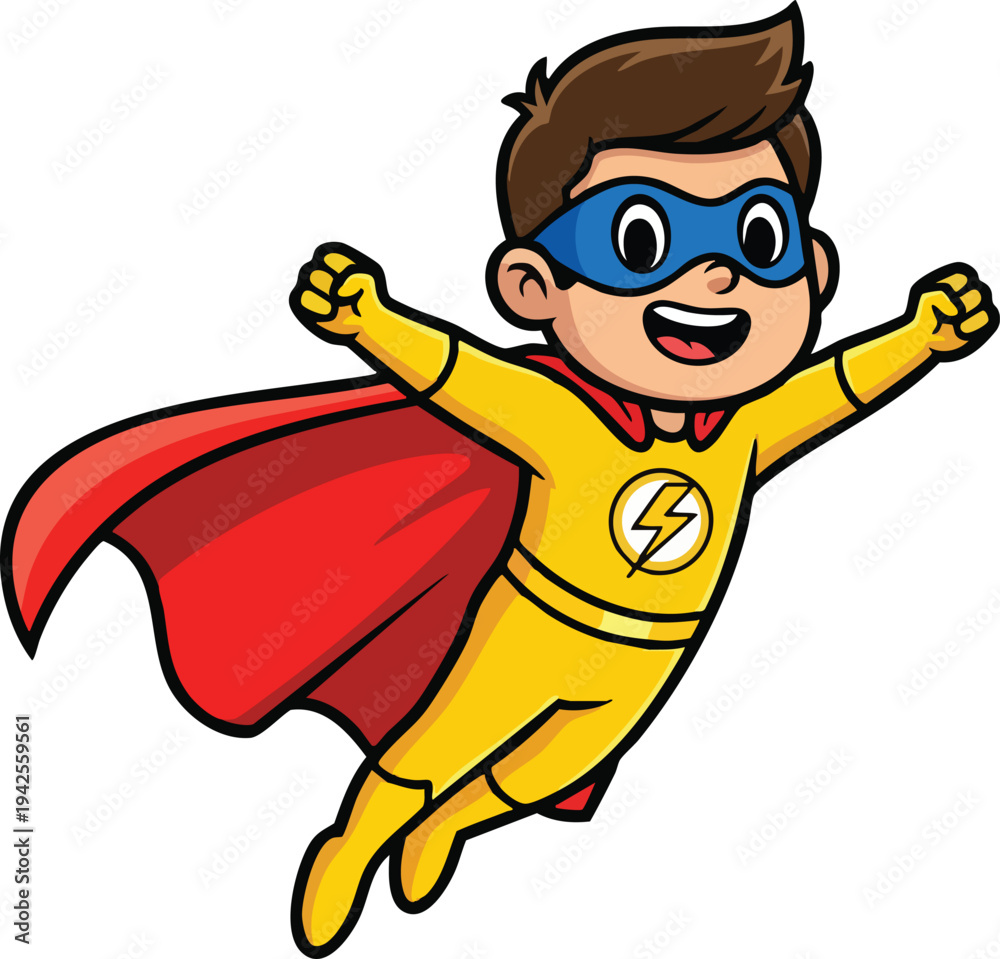 Fototapeta premium Cute Cartoon Superhero Boy Flying with Red Cape and Blue Mask.