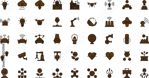 Internet of things technology icon set with smart devices sensors robotics connectivity automation and industrial network symbols