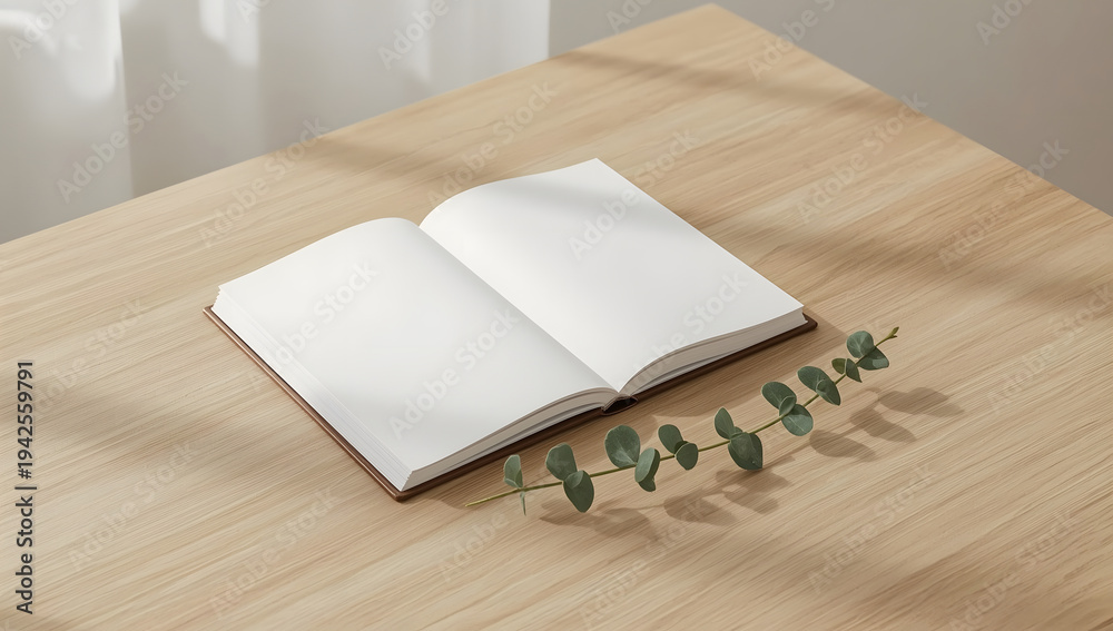 Fototapeta premium Open blank notebook and a eucalyptus branch on a wooden desk. Minimalist aesthetic. 
