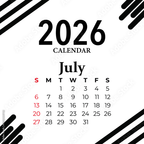 Modern 2026 July calendar with clean design and black accents