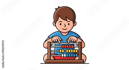 Little boy happily playing with abacus, learning arithmetic and developing cognitive skills through educational toy