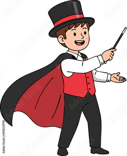 Young magician in a top hat and cape performing a magic trick with a wand.