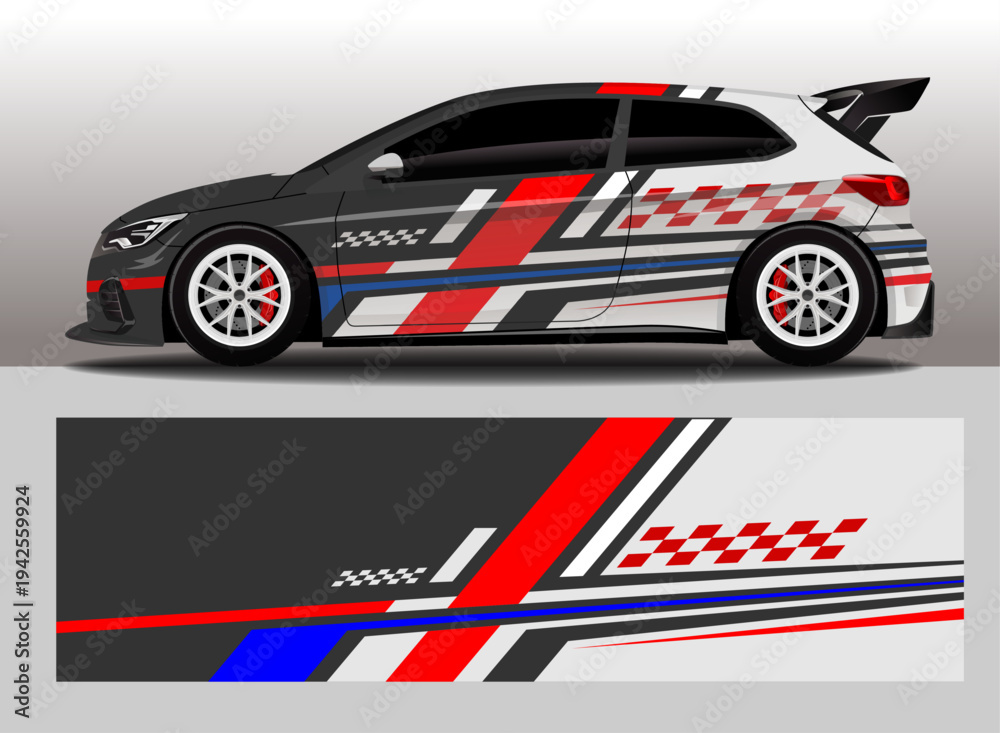 Obraz premium Car Decal livery Set with Dynamic Stripes and Abstract Shapes, editable vector