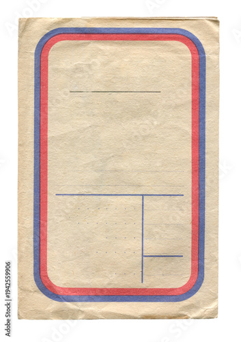 Vintage envelope with printed red and blue border design on aged paper