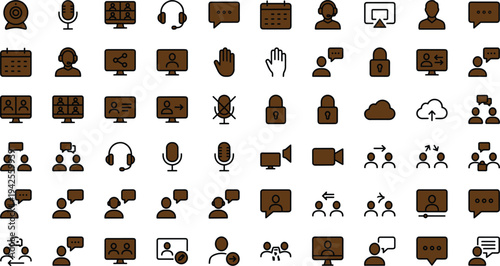 Online communication and virtual meeting icon set with chat messages video call users collaboration and remote work symbols