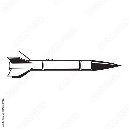 Black and white vector illustration of a single missile, featuring a pointed nose cone and stabilizing fins, ideal for military, defense, or space exploration designs.