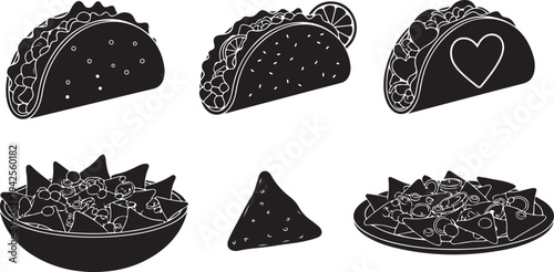 Assorted tacos and mexican dishes illustrated in black and white isolated on transparent background, Vector