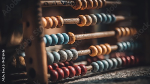 Vintage wooden abacus with colorful beads meticulously aligned on rods for ancient counting and calculation