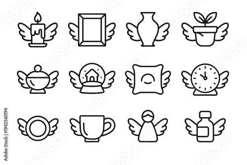 Winged Decor Icons. Angelic wings on small décor items. Line outline icon set of angelic wings on small décor