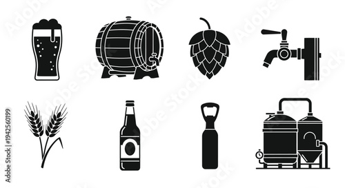 Black icons depicting beer ingredients and brewing equipment silhouette high quality