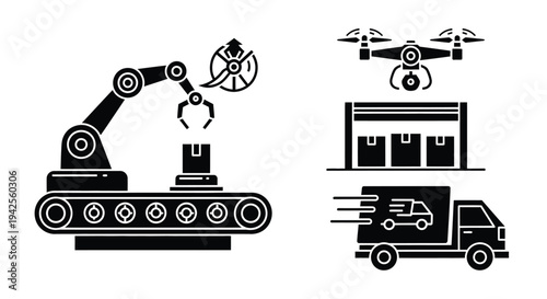 Industrial automation featuring robotic arms drones and logistics black silhouette