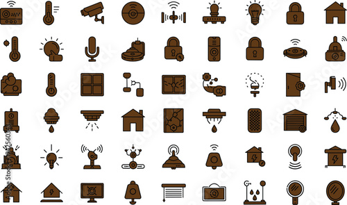 Smart home automation icon set with sensors cameras locks thermostats alarms and wireless household technology symbols