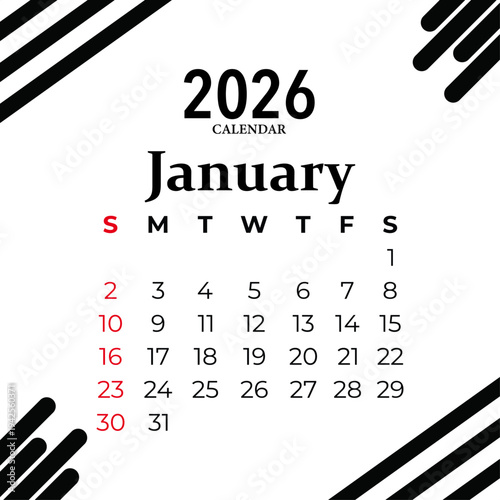 Modern 2026 January calendar with clean design and black accents