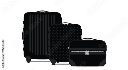 Black luggage set with varying patterns presented as a dark silhouette